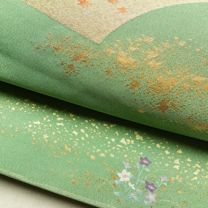 袋帯 つづれ織 太鼓柄 美品 フォーマル用 正絹 人物・動物柄 箔 帯 入学式 卒業式 パステルカラー 金通し 緑・うぐいす色_画像8