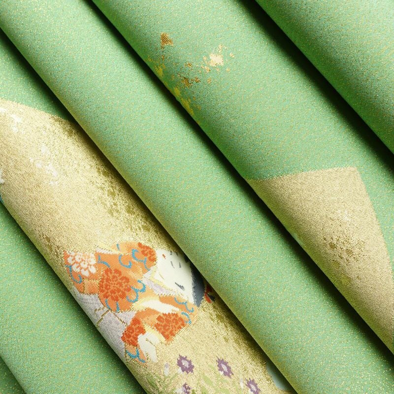 袋帯 つづれ織 太鼓柄 美品 フォーマル用 正絹 人物・動物柄 箔 帯 入学式 卒業式 パステルカラー 金通し 緑・うぐいす色_画像21