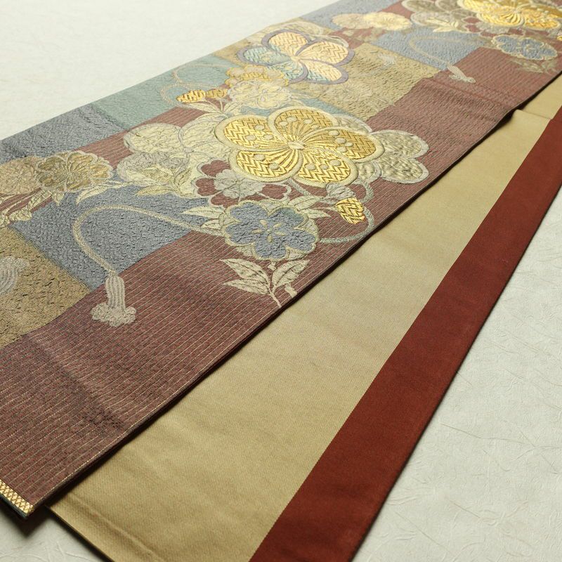 袋帯 六通柄 良品 フォーマル用 正絹 花柄 箔 金糸 帯 入学式 卒業式 結婚式 桜 くすみカラー 多色使い_画像9