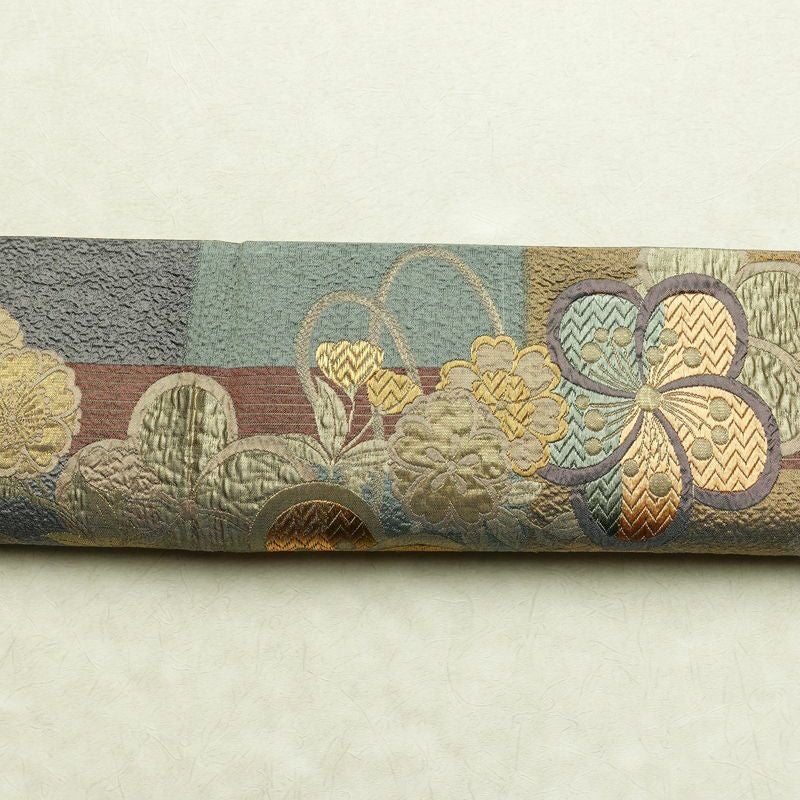 袋帯 六通柄 良品 フォーマル用 正絹 花柄 箔 金糸 帯 入学式 卒業式 結婚式 桜 くすみカラー 多色使い_画像15