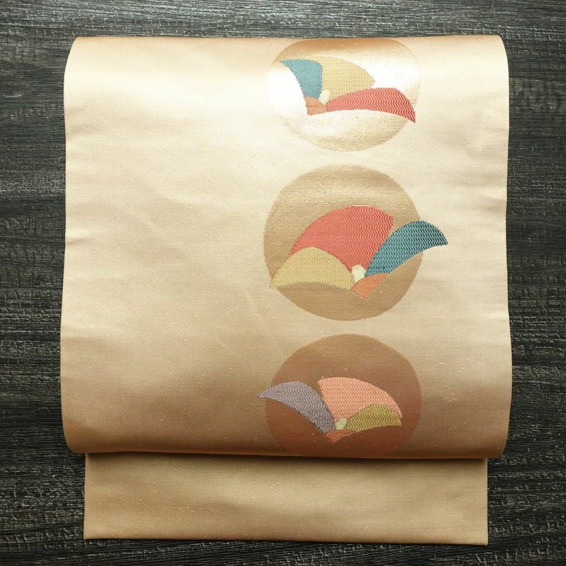 名古屋帯 太鼓柄 良品 正絹 花柄 名古屋仕立て 箔 帯 ベージュ_画像1