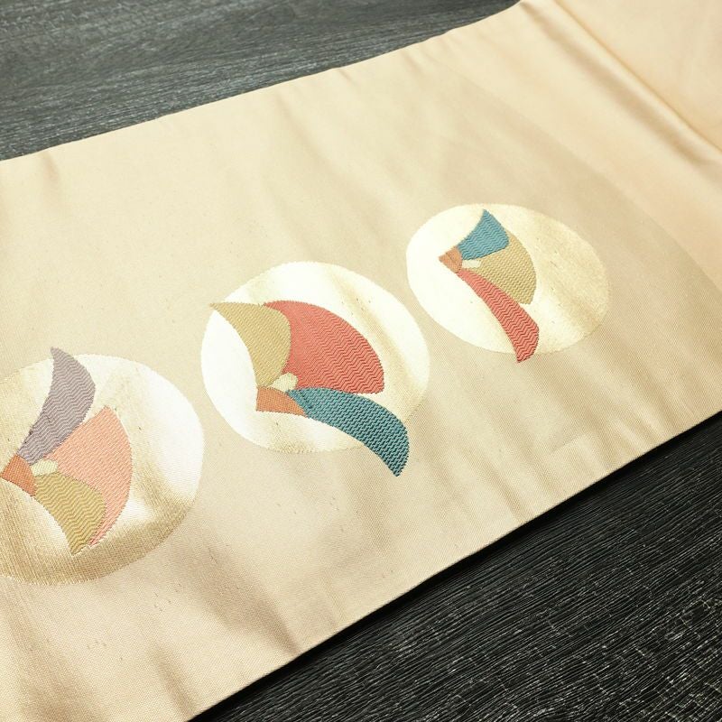 名古屋帯 太鼓柄 良品 正絹 花柄 名古屋仕立て 箔 帯 ベージュ_画像13