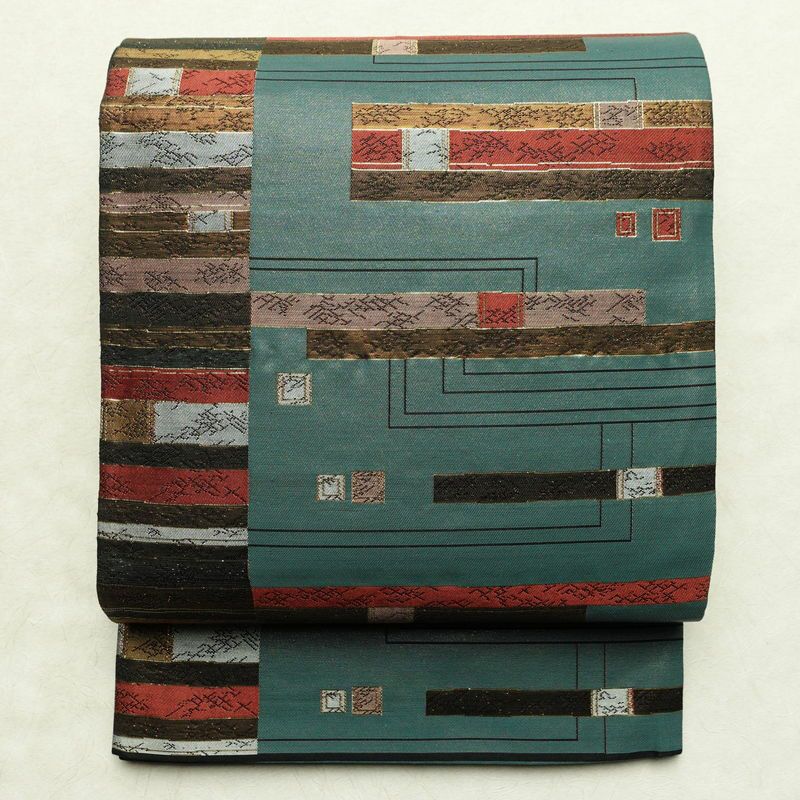 袋帯 六通柄 良品 フォーマル用 正絹 縞柄・線柄 箔 帯 入学式 卒業式 緑・うぐいす色_画像1