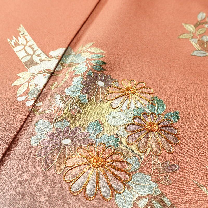 付け下げ 金駒刺繍 正絹 花柄 袷仕立て 身丈165cm 裄丈69cm 箔 刺繍 金彩 フォーマル 着物 入学式 卒業式 結婚式 くすみ朱色 赤・朱_画像7