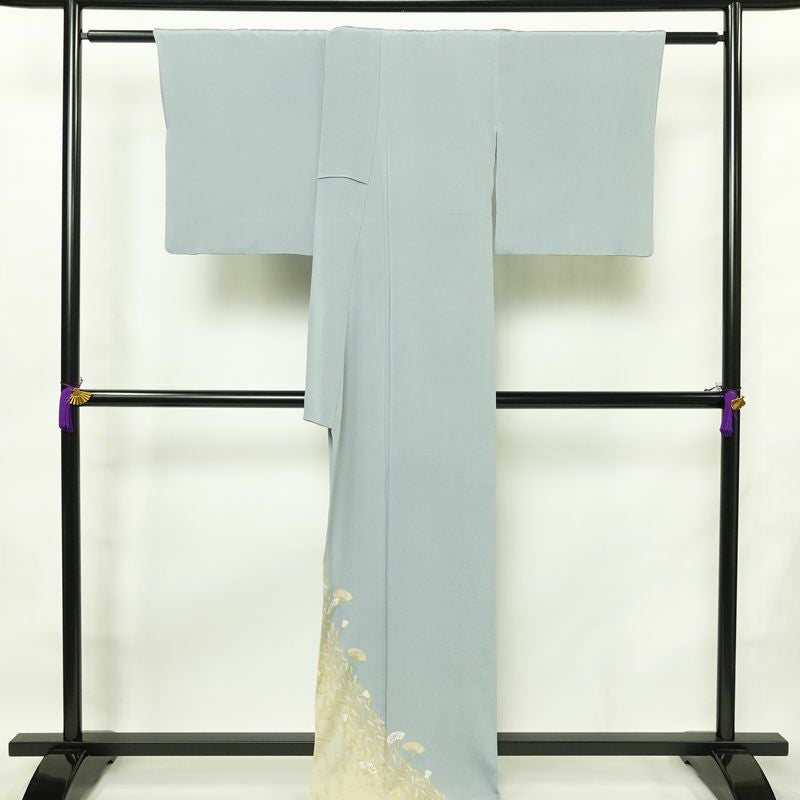 色留袖 三つ紋付き 松尾光琳 落款入り 縮緬 正絹 古典柄 袷仕立て 身丈165.5cm 裄丈67.5cm 箔 フォーマル 着物 結婚式 青・紺_画像2