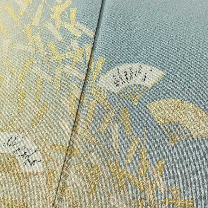 色留袖 三つ紋付き 松尾光琳 落款入り 縮緬 正絹 古典柄 袷仕立て 身丈165.5cm 裄丈67.5cm 箔 フォーマル 着物 結婚式 青・紺_画像9