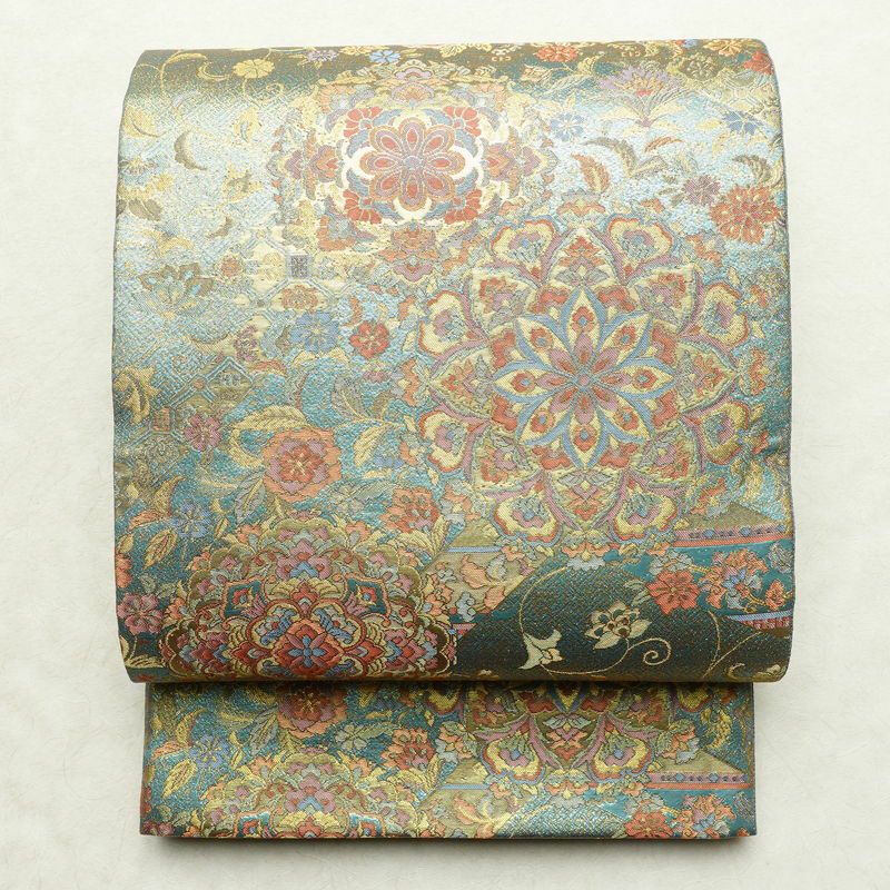 袋帯 青銅彫金 六通柄 良品 フォーマル用 正絹 幾何学柄・抽象柄 箔 帯 入学式 卒業式 結婚式 緑・うぐいす色_画像1