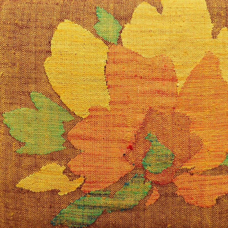 名古屋帯 太鼓柄 良品 正絹 花柄 松葉仕立て 帯 紬地 黄・黄土色_画像2