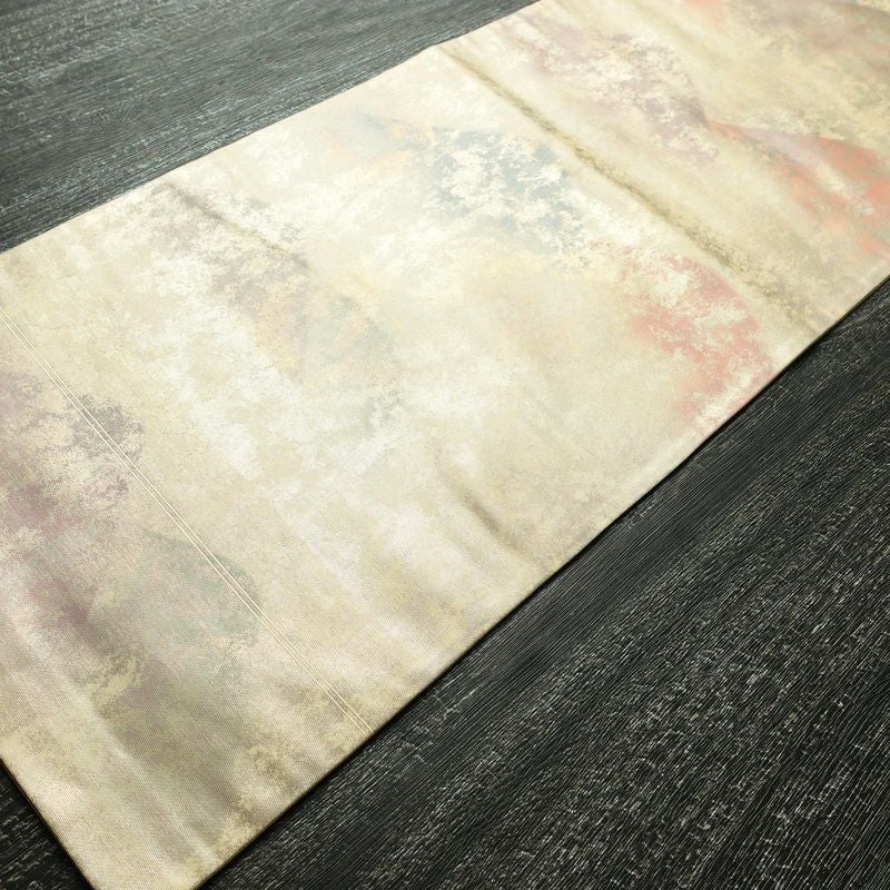 名古屋帯 太鼓柄 正絹 風景柄 名古屋仕立て 箔 帯 クリーム_画像9