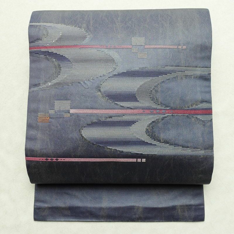 名古屋帯 太鼓柄 正絹 幾何学柄・抽象柄 名古屋仕立て 箔 帯 青・紺_画像1