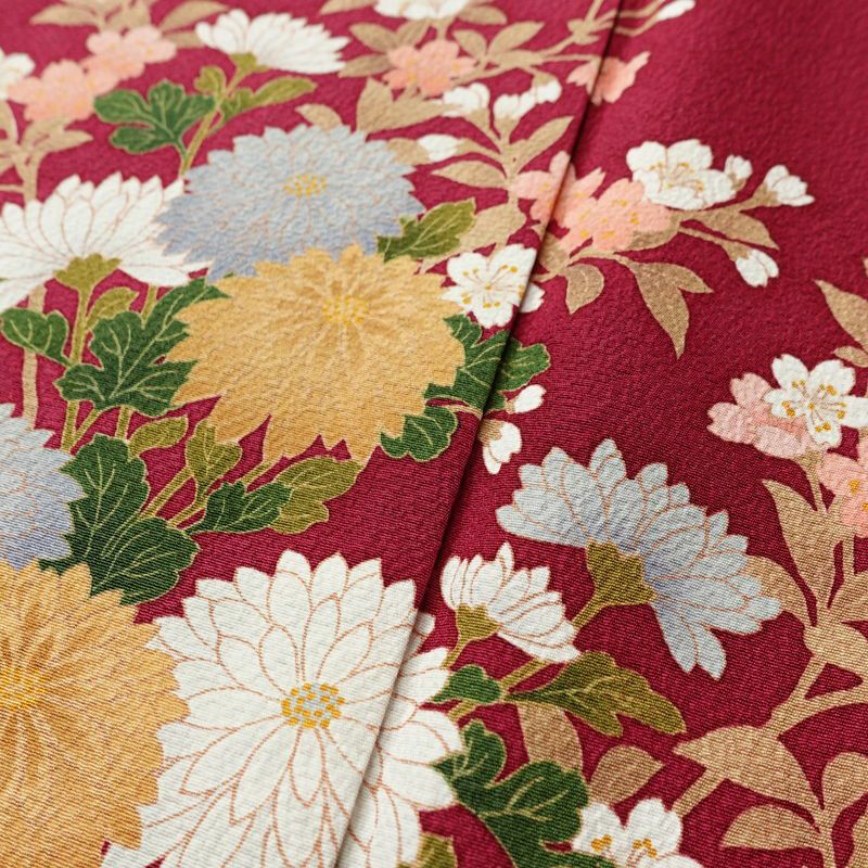 振袖 良品 セット品 長襦袢付き 袋帯付き 縮緬 正絹 花柄 袷仕立て 身丈164.5cm 裄丈70cm 箔 金彩 フォーマル 着物 帯 成人式 二十歳 赤紫 紫・藤色_画像8