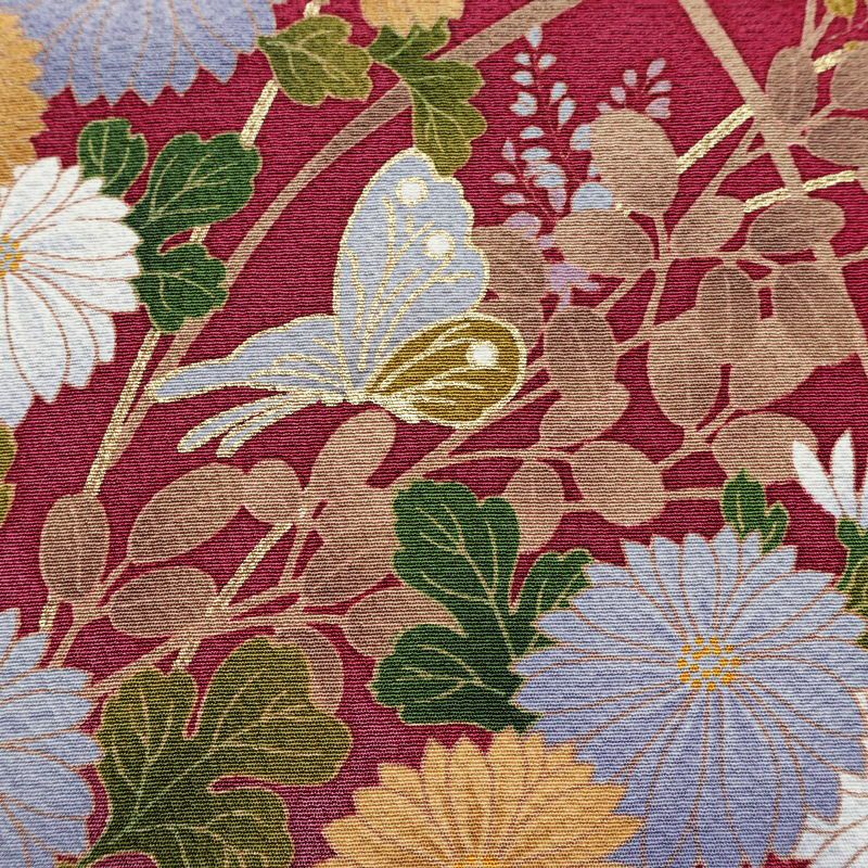 振袖 良品 セット品 長襦袢付き 袋帯付き 縮緬 正絹 花柄 袷仕立て 身丈164.5cm 裄丈70cm 箔 金彩 フォーマル 着物 帯 成人式 二十歳 赤紫 紫・藤色_画像11