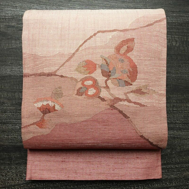 袋帯 太鼓柄 良品 一般用 正絹 花柄 金通し 帯 紬地 ピンク_画像1
