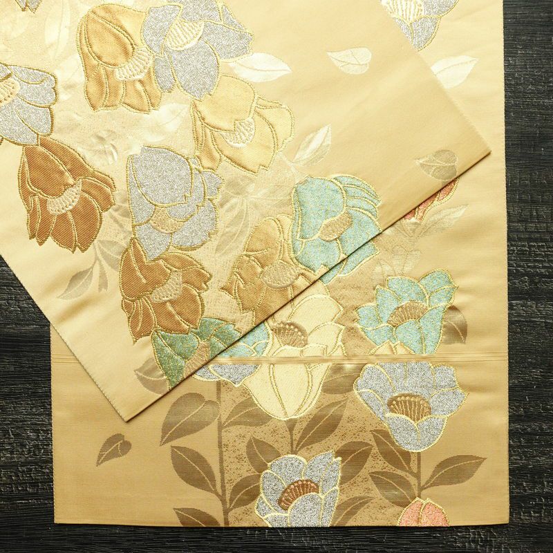 袋帯 六通柄 良品 フォーマル用 正絹 花柄 金糸 帯 入学式 卒業式 ベージュ_画像13