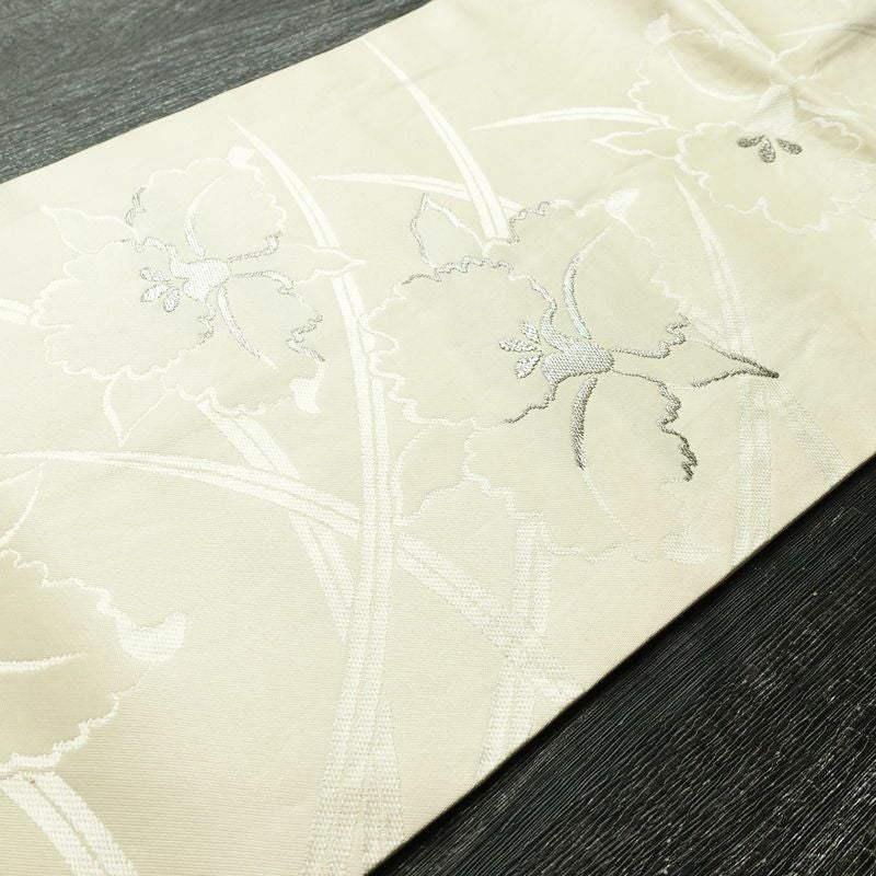 名古屋帯 六通柄 正絹 花柄 名古屋仕立て 箔 銀糸 帯 クリーム_画像9