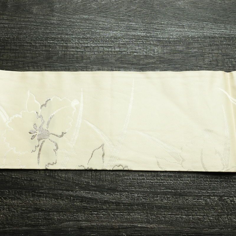 名古屋帯 六通柄 正絹 花柄 名古屋仕立て 箔 銀糸 帯 クリーム_画像11