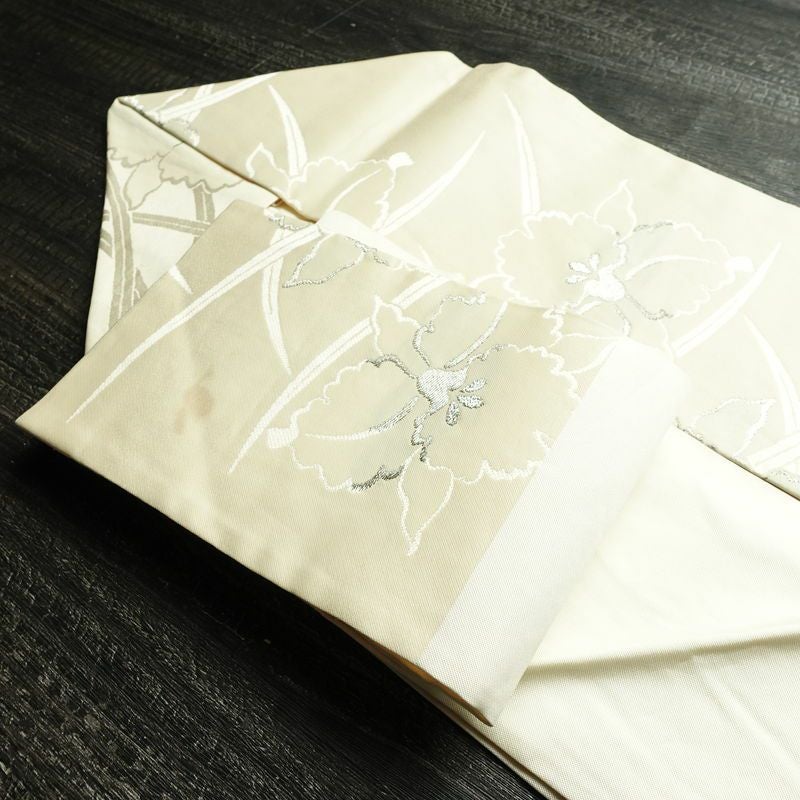 名古屋帯 六通柄 正絹 花柄 名古屋仕立て 箔 銀糸 帯 クリーム_画像21