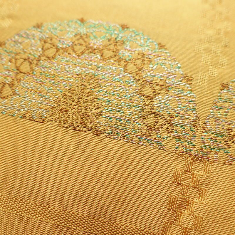 名古屋帯 六通柄 良品 正絹 縞柄・線柄 名古屋仕立て 箔 帯 黄・黄土色_画像4