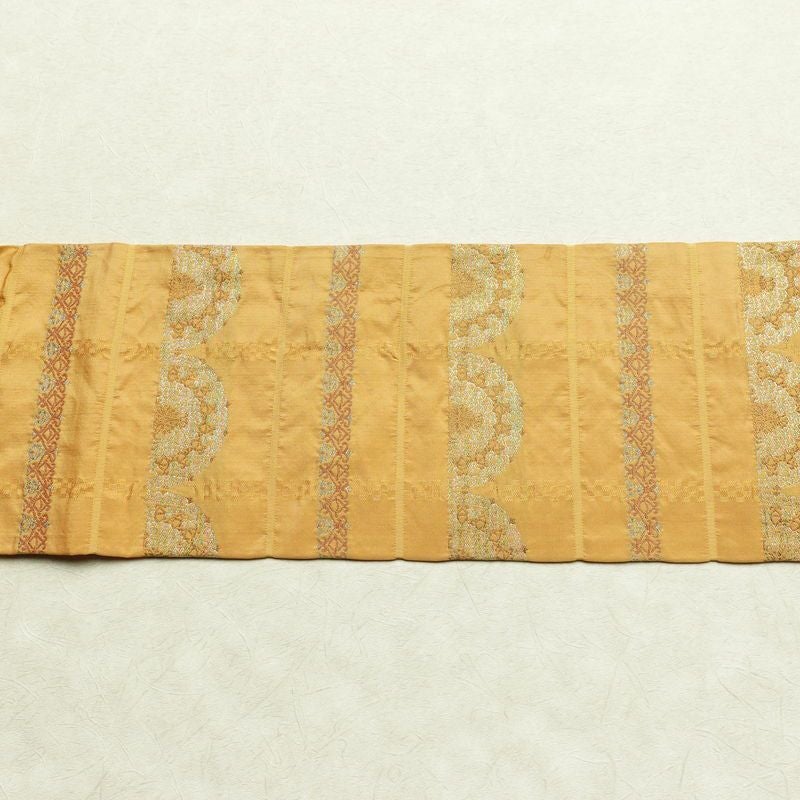 名古屋帯 六通柄 良品 正絹 縞柄・線柄 名古屋仕立て 箔 帯 黄・黄土色_画像12