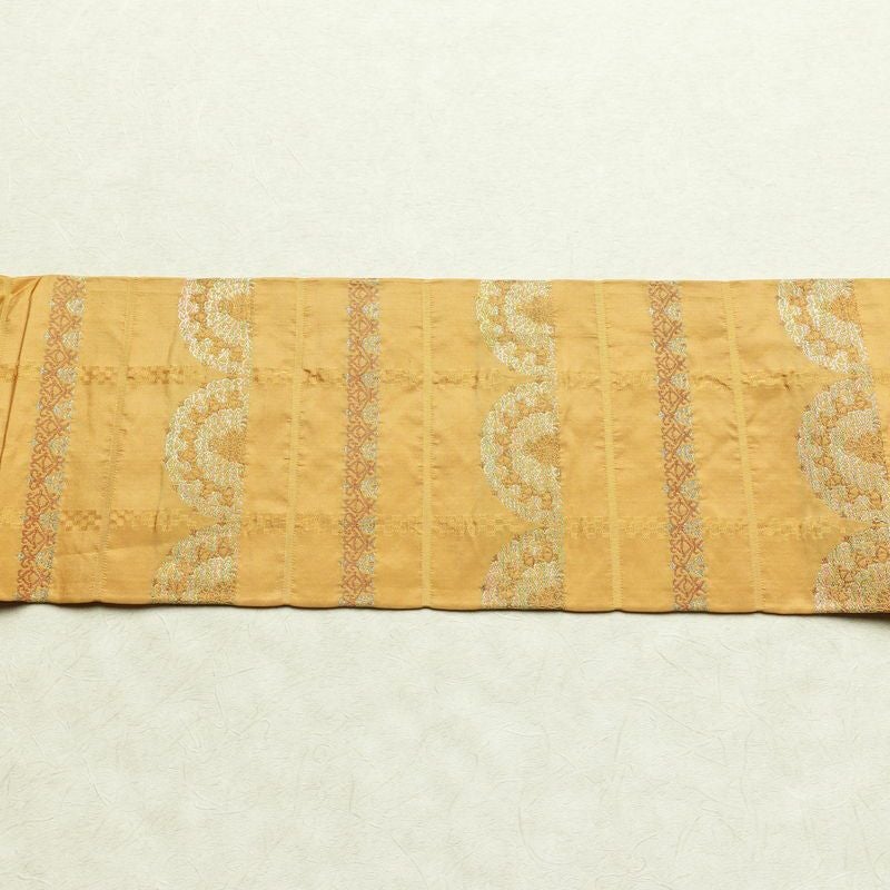 名古屋帯 六通柄 良品 正絹 縞柄・線柄 名古屋仕立て 箔 帯 黄・黄土色_画像13