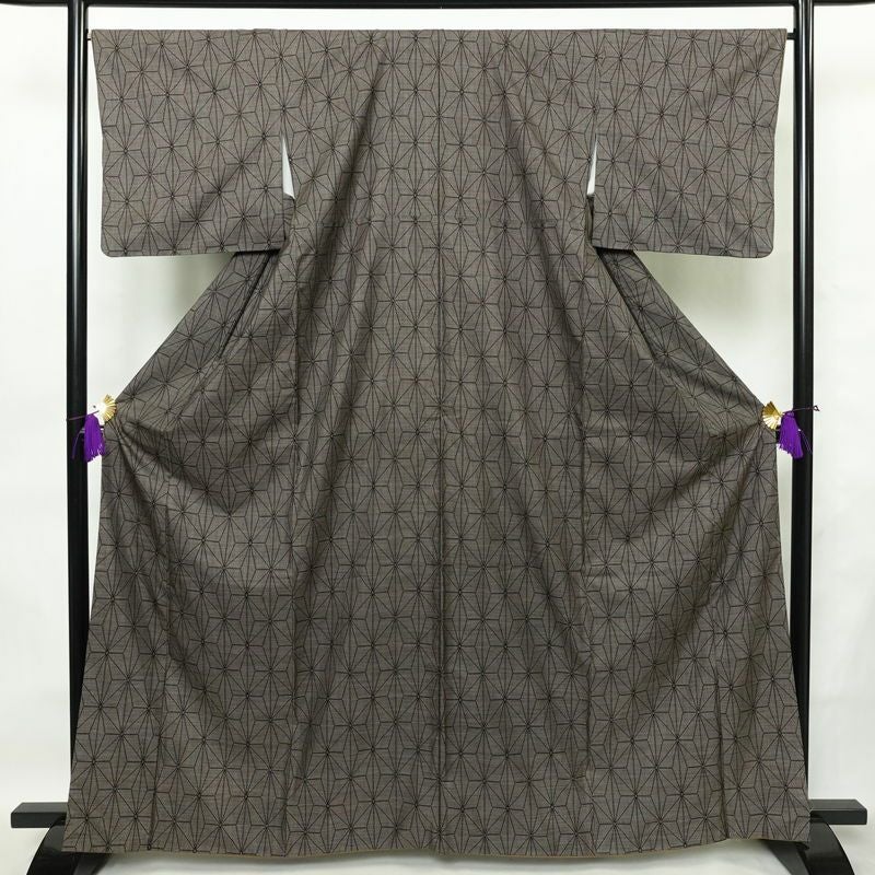 大島紬 良品 証紙なし 正絹 麻の葉柄 袷仕立て 身丈164.5cm 裄丈66.5cm 着物 茶_画像1