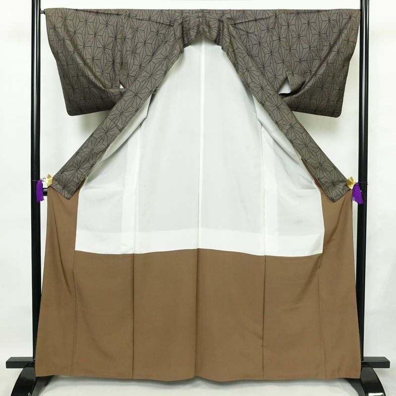 大島紬 良品 証紙なし 正絹 麻の葉柄 袷仕立て 身丈164.5cm 裄丈66.5cm 着物 茶_画像3