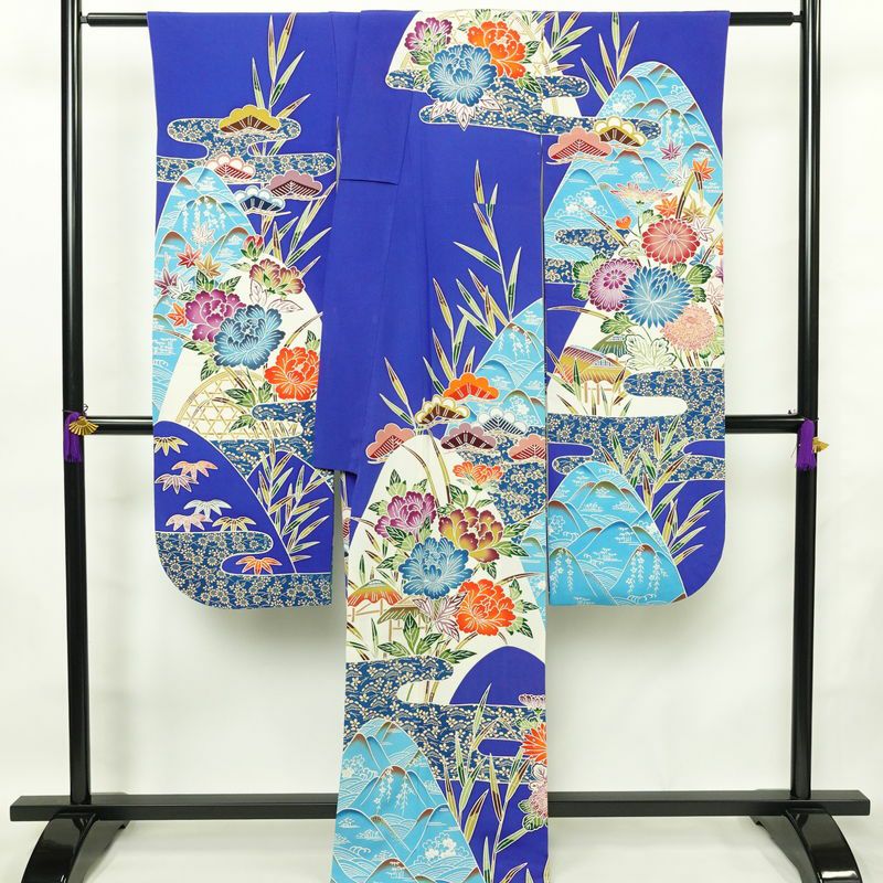 振袖 縮緬 正絹 古典柄 袷仕立て 身丈166.5cm 裄丈66.5cm フォーマル 着物 成人式 二十歳 青・紺_画像2