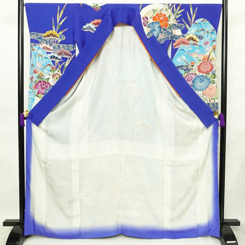 振袖 縮緬 正絹 古典柄 袷仕立て 身丈166.5cm 裄丈66.5cm フォーマル 着物 成人式 二十歳 青・紺_画像3
