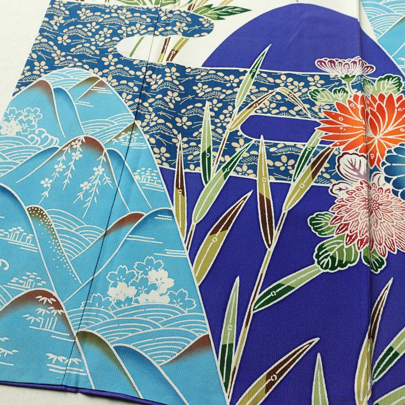 振袖 縮緬 正絹 古典柄 袷仕立て 身丈166.5cm 裄丈66.5cm フォーマル 着物 成人式 二十歳 青・紺_画像4