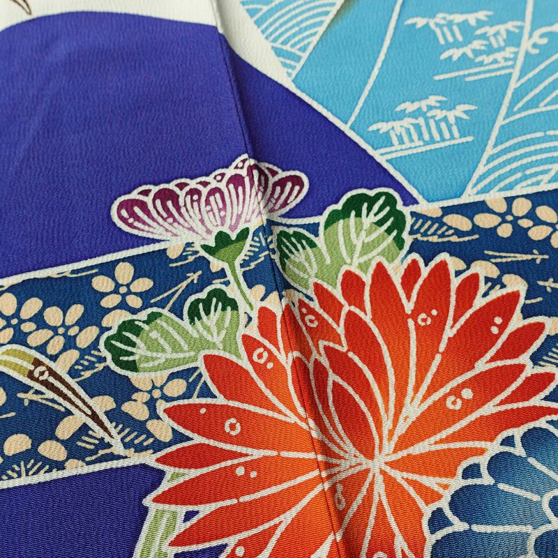 振袖 縮緬 正絹 古典柄 袷仕立て 身丈166.5cm 裄丈66.5cm フォーマル 着物 成人式 二十歳 青・紺_画像10
