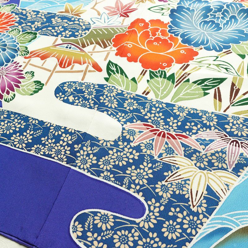 振袖 縮緬 正絹 古典柄 袷仕立て 身丈166.5cm 裄丈66.5cm フォーマル 着物 成人式 二十歳 青・紺_画像11