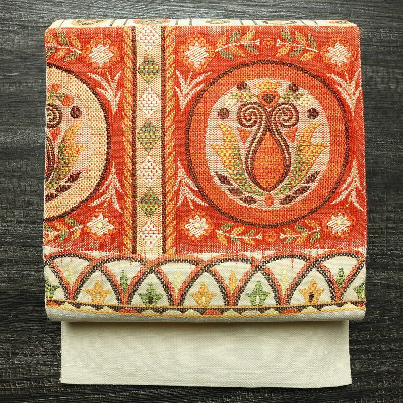 名古屋帯 太鼓柄 良品 正絹 幾何学柄・抽象柄 松葉仕立て 帯 紬地 白_画像1