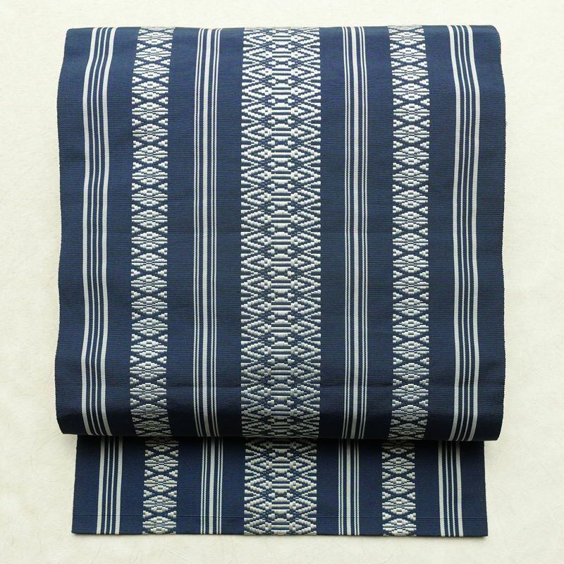 名古屋帯 献上柄 全通柄 正絹 縞柄・線柄 松葉仕立て 帯 青・紺_画像1