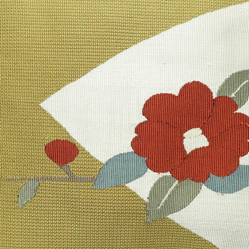 名古屋帯 太鼓柄 正絹 花柄 名古屋仕立て 帯 黄・黄土色_画像2