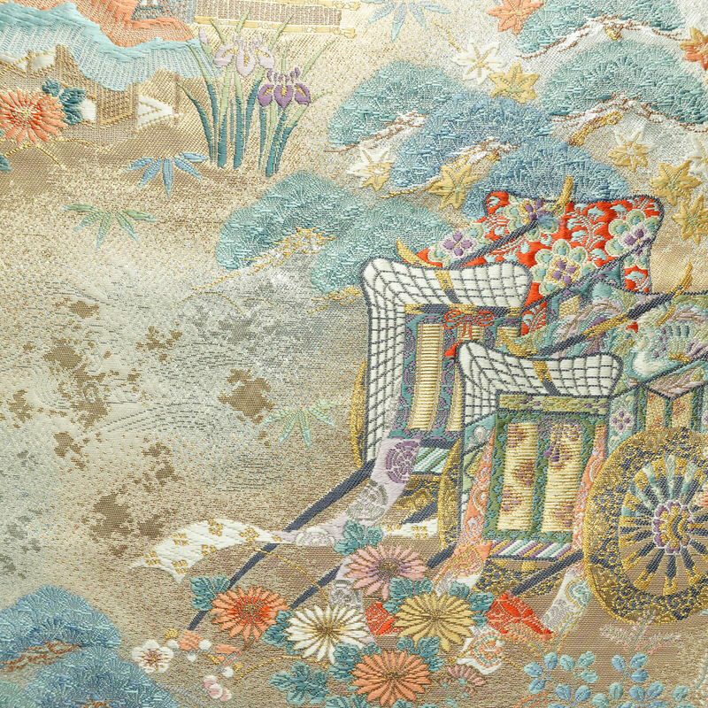 袋帯 嘉祥御車文 六通柄 フォーマル用 正絹 古典柄 箔 金糸 銀糸 帯 入学式 卒業式 結婚式 多色使い_画像2