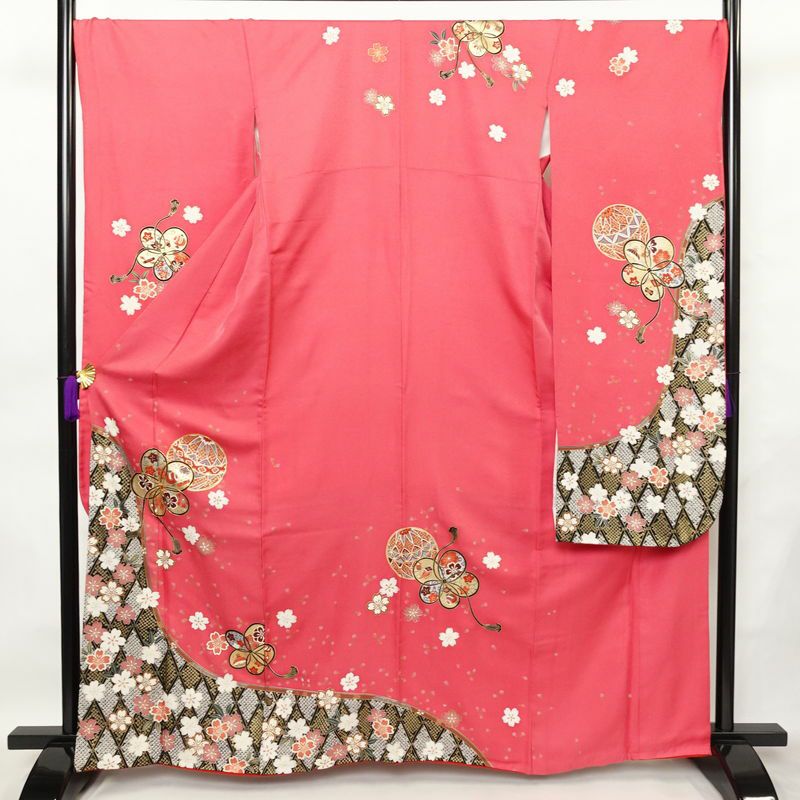 振袖 良品 ふき綿仕立て 金駒刺繍 正絹 古典柄 袷仕立て 身丈163.5cm 裄丈70.5cm 箔 金彩 着物 成人式 二十歳 ピンク_画像1