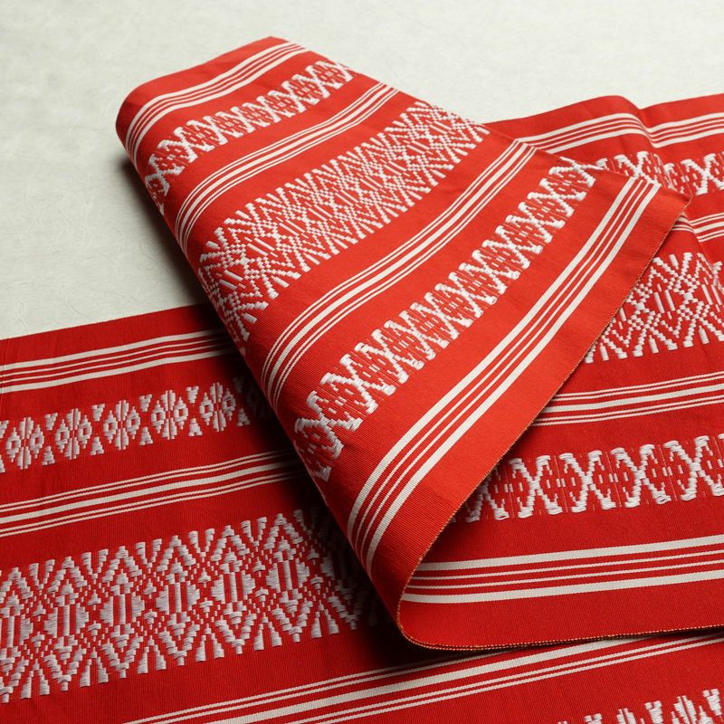 名古屋帯 全通柄 正絹 献上柄 縞柄・線柄 通し仕立て 帯 赤・朱_画像8