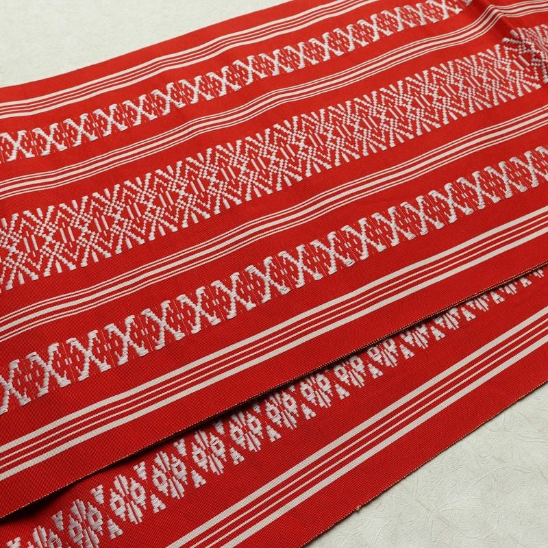 名古屋帯 全通柄 正絹 献上柄 縞柄・線柄 通し仕立て 帯 赤・朱_画像11