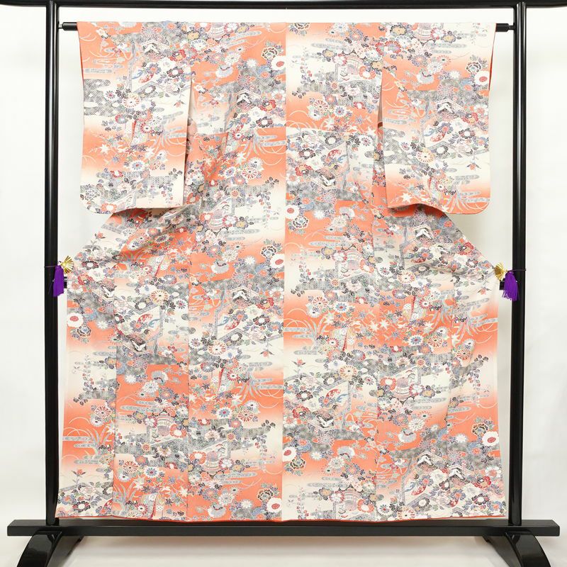 小紋 良品 京都清水 地主神社 落款入り 縮緬 正絹 古典柄 袷仕立て 身丈155cm 裄丈62cm 箔 着物 赤・朱_画像1