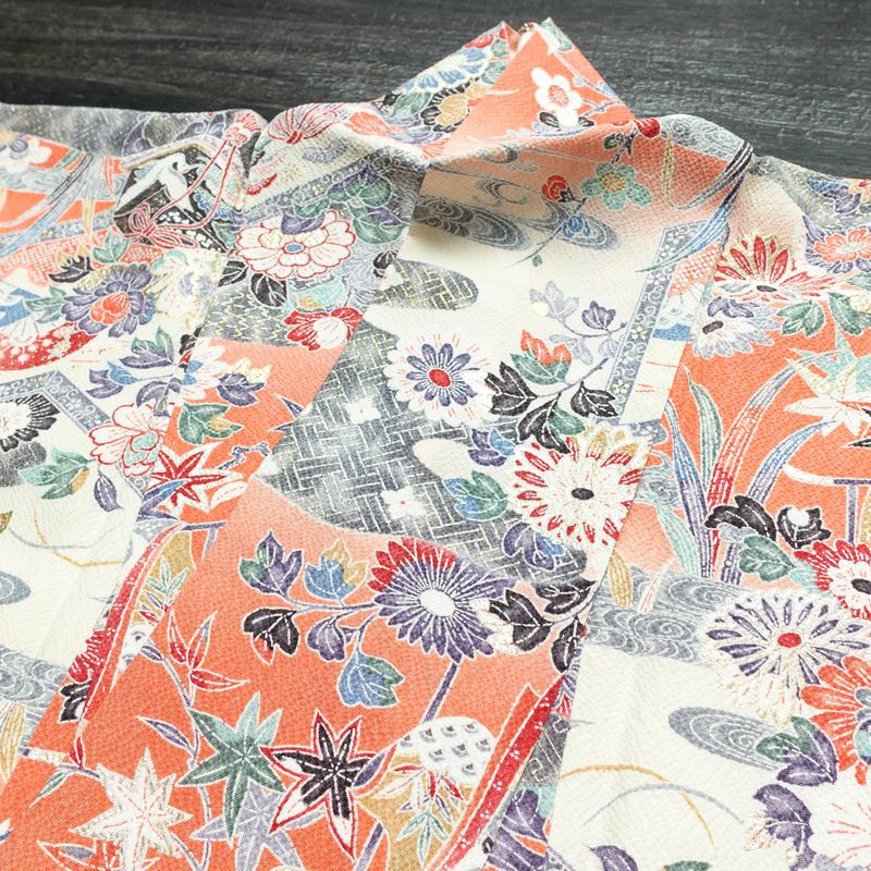 小紋 良品 京都清水 地主神社 落款入り 縮緬 正絹 古典柄 袷仕立て 身丈155cm 裄丈62cm 箔 着物 赤・朱_画像17