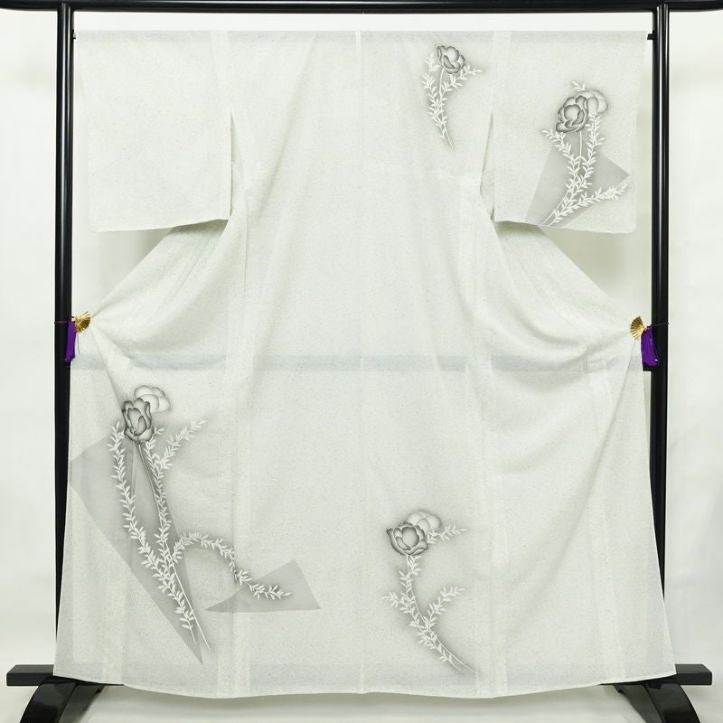 盛夏 付下 しつけ糸付き 正絹 花柄 単衣仕立て 身丈162cm 裄丈67cm 箔 フォーマル 着物 グレー_画像1