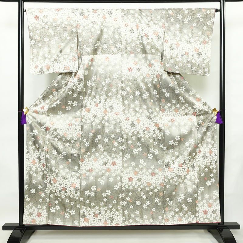 小紋 良品 しつけ糸付き 正絹 花柄 袷仕立て 身丈157.5cm 裄丈65cm 箔 金彩 着物 グレー_画像1