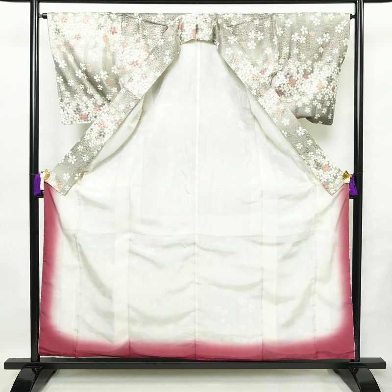 小紋 良品 しつけ糸付き 正絹 花柄 袷仕立て 身丈157.5cm 裄丈65cm 箔 金彩 着物 グレー_画像3