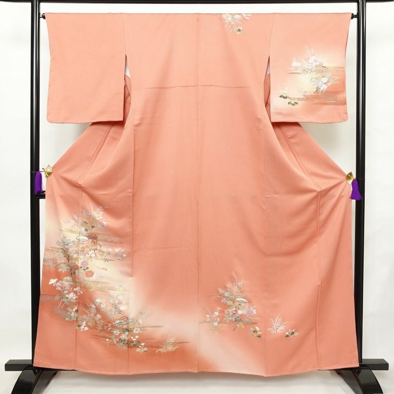 訪問着 美品 しつけ糸付き 一つ紋付き 正絹 古典柄 袷仕立て 身丈160cm 裄丈65.5cm 箔 金彩 フォーマル 着物 入学式 卒業式 結婚式 ピンク_画像1