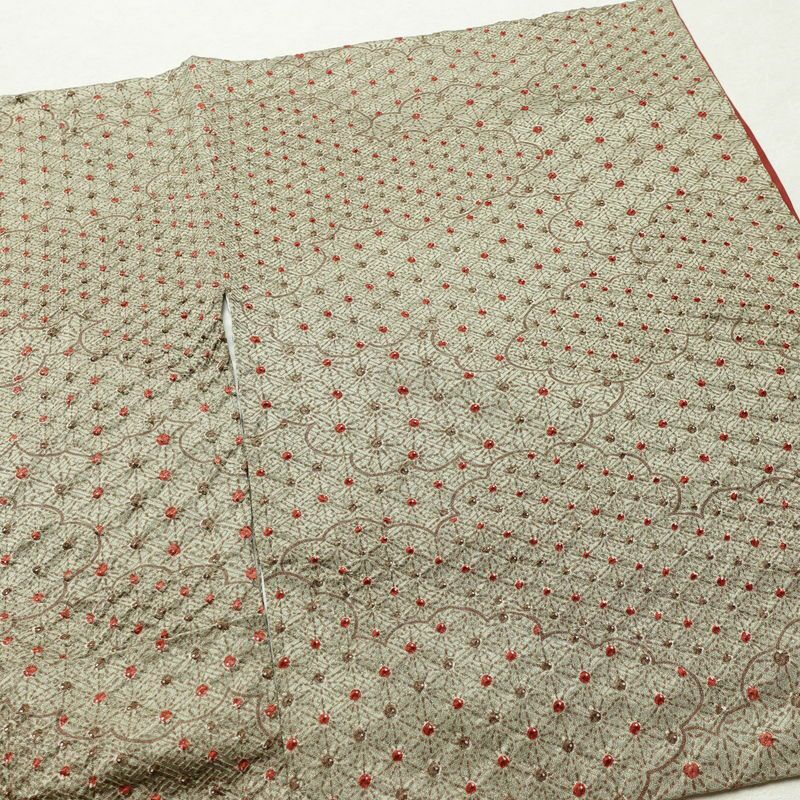 小紋 絞り 綸子 正絹 雲柄 袷仕立て 身丈168.5cm 裄丈64.5cm 麻の葉 着物 緑・うぐいす色_画像15