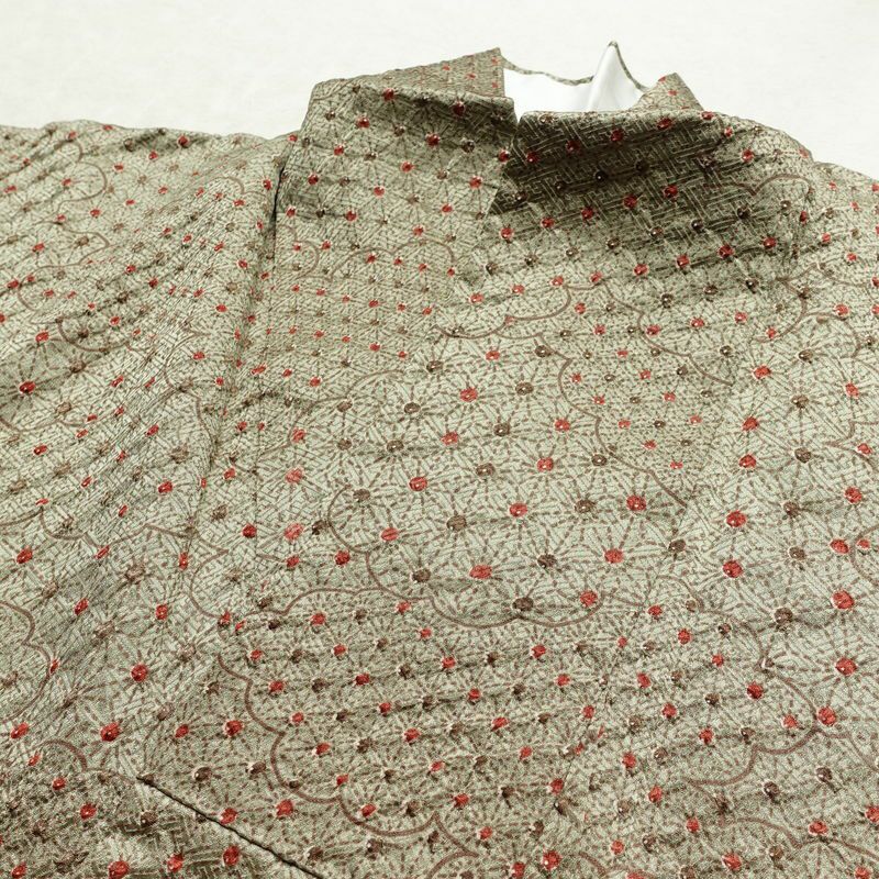 小紋 絞り 綸子 正絹 雲柄 袷仕立て 身丈168.5cm 裄丈64.5cm 麻の葉 着物 緑・うぐいす色_画像18