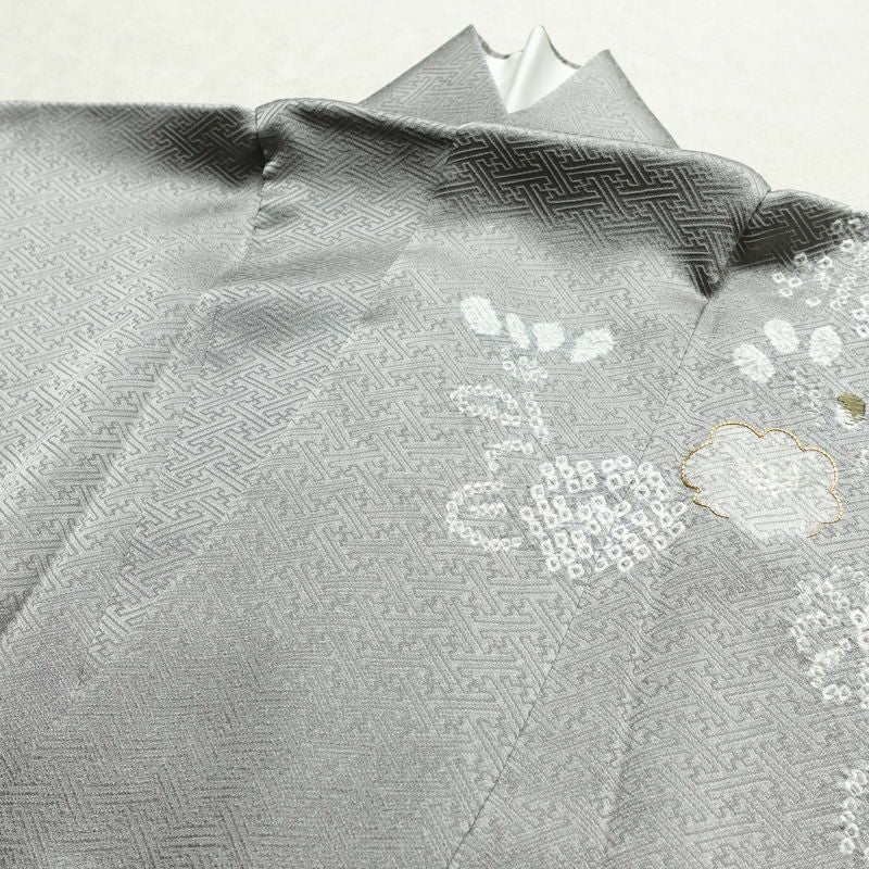 訪問着 美品 しつけ糸付き 絞り 一つ紋付き 正絹 花柄 袷仕立て 身丈159.5cm 裄丈65cm 刺繍 フォーマル 着物 入学式 卒業式 結婚式 グレー_画像18