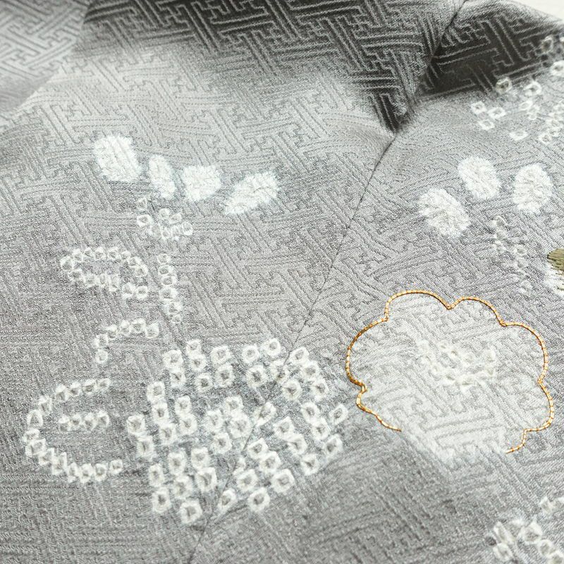 訪問着 美品 しつけ糸付き 絞り 一つ紋付き 正絹 花柄 袷仕立て 身丈159.5cm 裄丈65cm 刺繍 フォーマル 着物 入学式 卒業式 結婚式 グレー_画像19