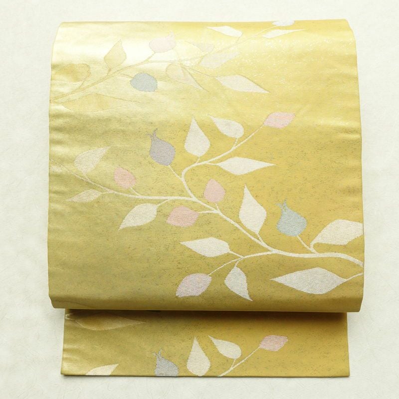 名古屋帯 六通柄 正絹 木の葉・植物柄 名古屋仕立て 箔 帯 黄・黄土色_画像1