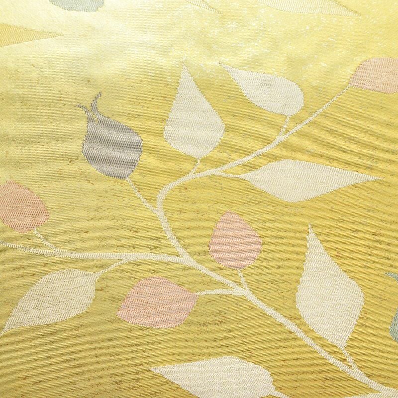 名古屋帯 六通柄 正絹 木の葉・植物柄 名古屋仕立て 箔 帯 黄・黄土色_画像2